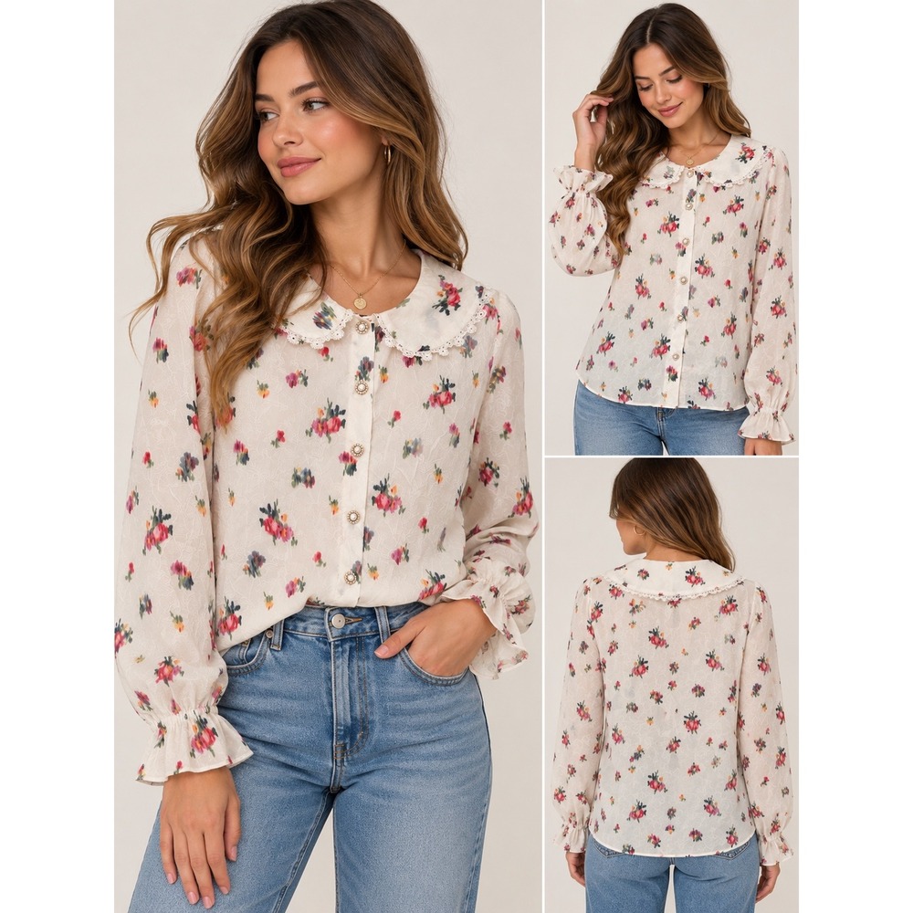 Hill House Home Floral Lace Trim Peter Pan Collar Pearl Button Blouse Cream S